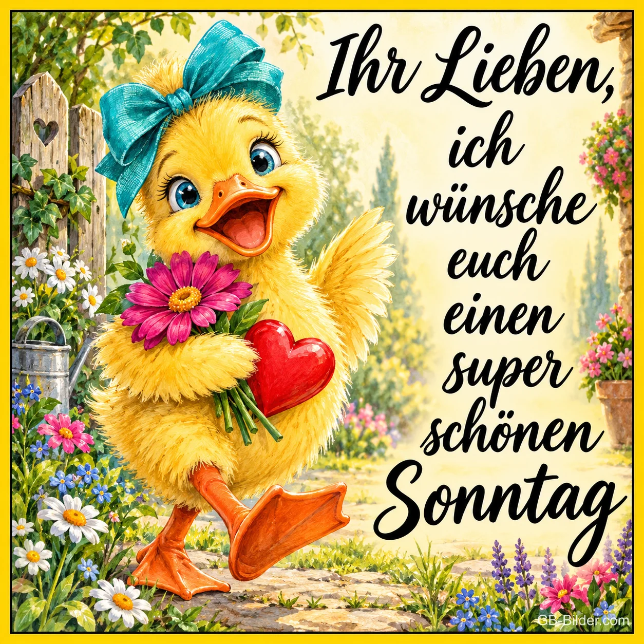Entenküken mit Schleife läuft mit Blumen und Herz durch den Garten, Text: Ihr Lieben, ich wünsche euch einen super schönen Sonntag