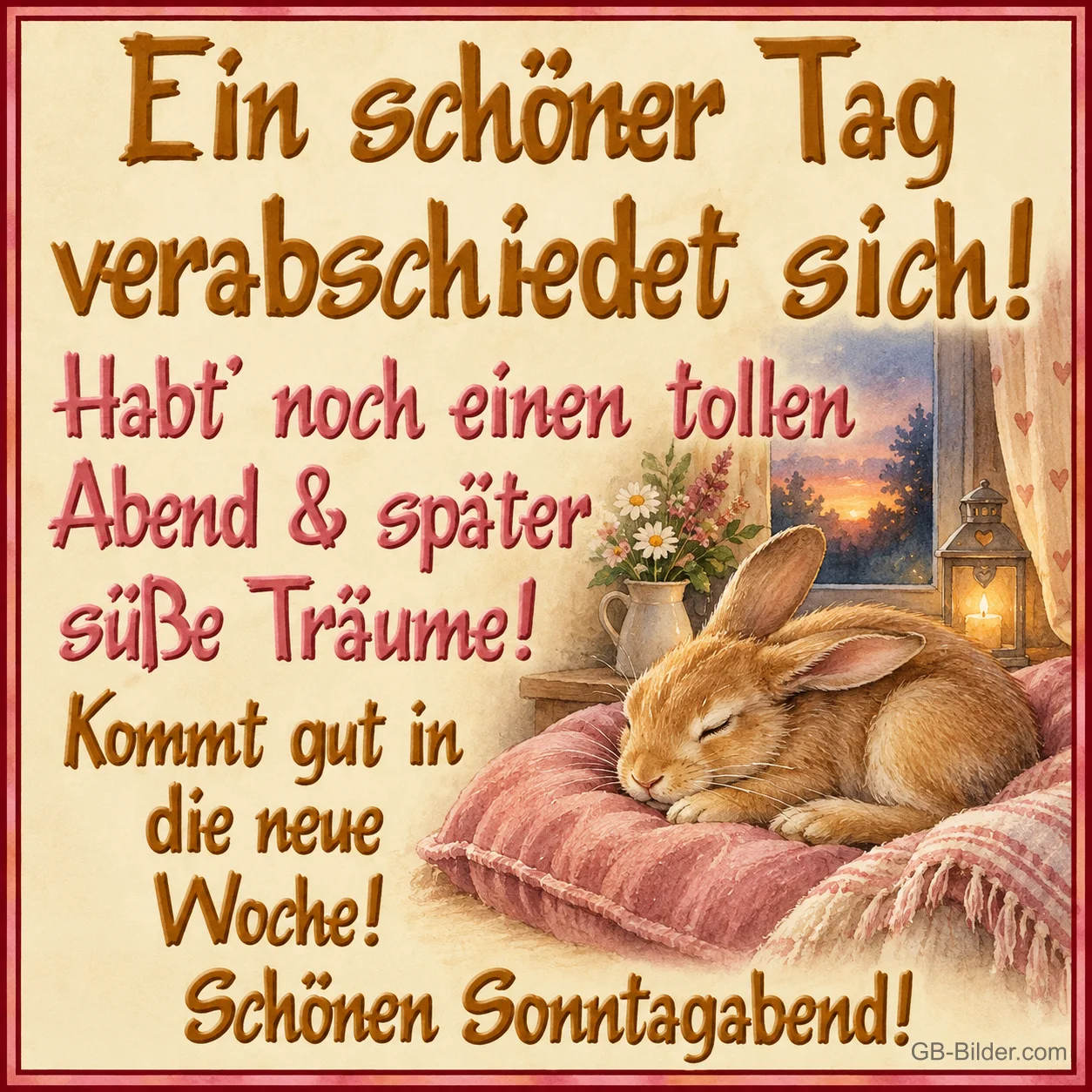 Schlafender Hase am Fenster, Text: Ein schöner Tag verabschiedet sich