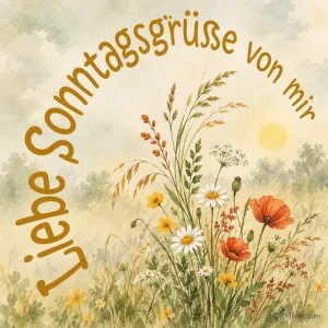 Wiesenblumen in Aquarell, Text: Liebe Sonntagsgrüße von mir