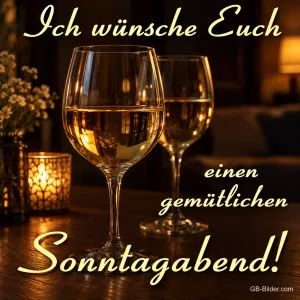 Weingläser im Kerzenlicht, Text: Ich wünsche Euch einen gemütlichen Sonntagabend