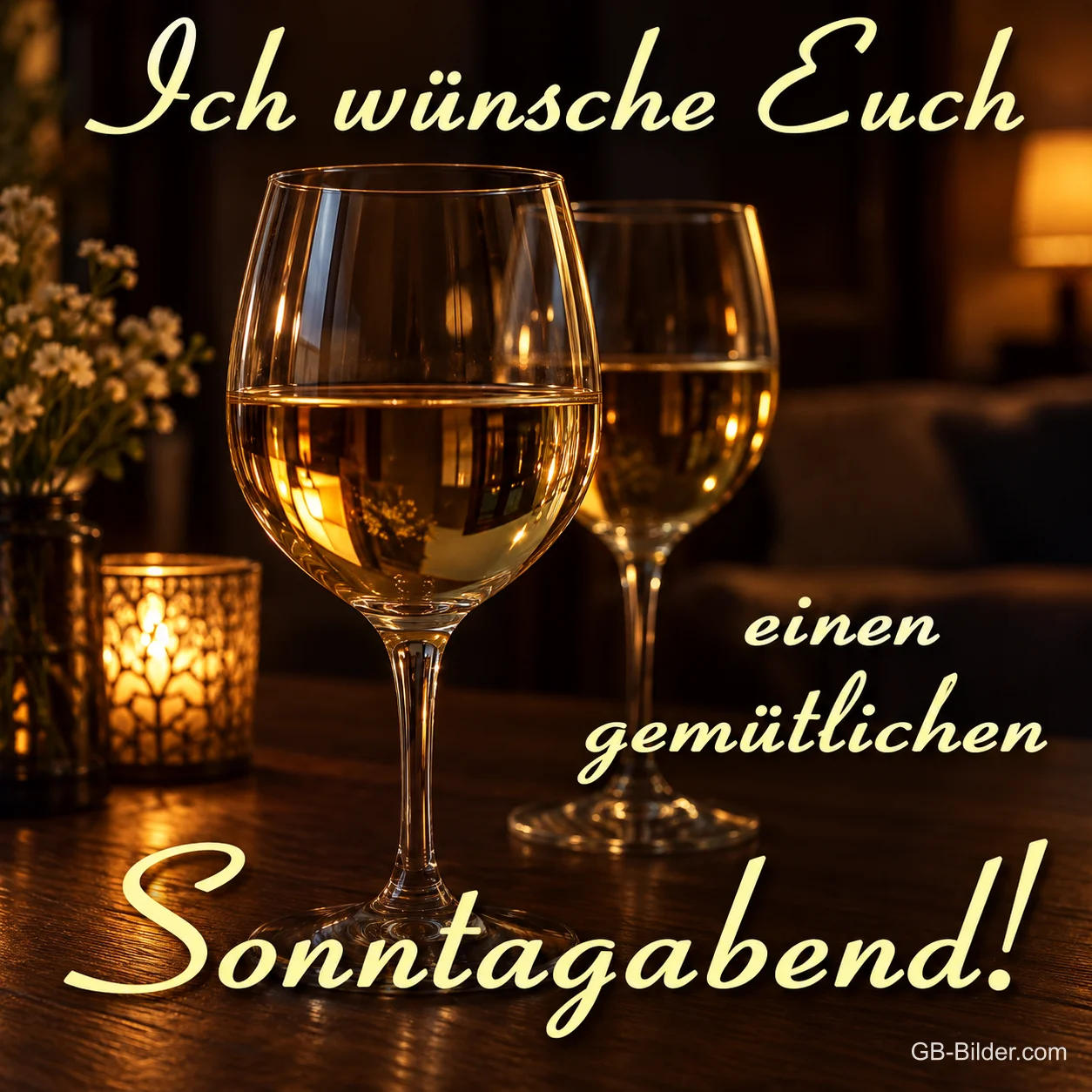 Weingläser im Kerzenlicht, Text: Ich wünsche Euch einen gemütlichen Sonntagabend