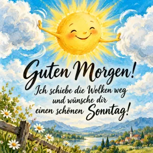 Lachende Sonne schiebt Wolken über einer Landschaft beiseite, Text: Guten Morgen! Ich schiebe die Wolken weg und wünsche dir einen schönen Sonntag!
