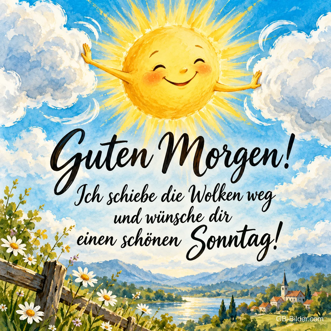 Lachende Sonne schiebt Wolken über einer Landschaft beiseite, Text: Guten Morgen! Ich schiebe die Wolken weg und wünsche dir einen schönen Sonntag!