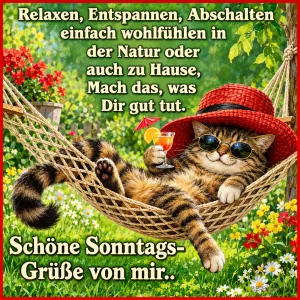 Katze mit Strohhut und Sonnenbrille liegt mit Cocktail in der Hängematte, Text: Relaxen, Entspannen, Abschalten einfach wohlfühlen in der Natur oder auch zu Hause, Mach das, was Dir gut tut. Schöne Sonntags-Grüße von mir..