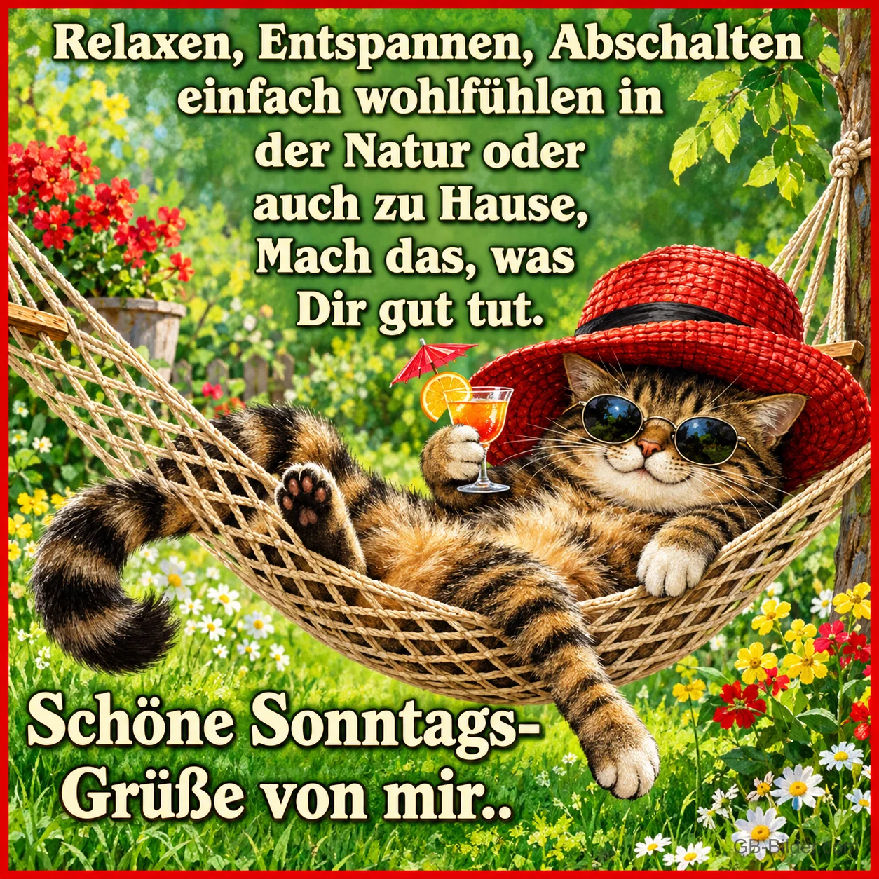 Katze mit Strohhut und Sonnenbrille liegt mit Cocktail in der Hängematte, Text: Relaxen, Entspannen, Abschalten einfach wohlfühlen in der Natur oder auch zu Hause, Mach das, was Dir gut tut. Schöne Sonntags-Grüße von mir..