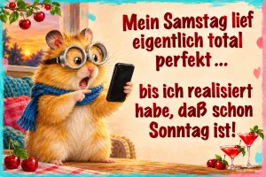 Hamster mit Brille schaut erschrocken aufs Handy, Text: Mein Samstag lief eigentlich total perfekt … bis ich realisiert habe, daß schon Sonntag ist!