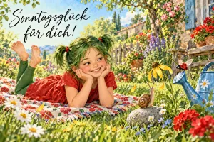 Mädchen mit grünen Zöpfen liegt auf einer Decke im Blumengarten, Schnecke, Text: Sonntagsglück für dich!