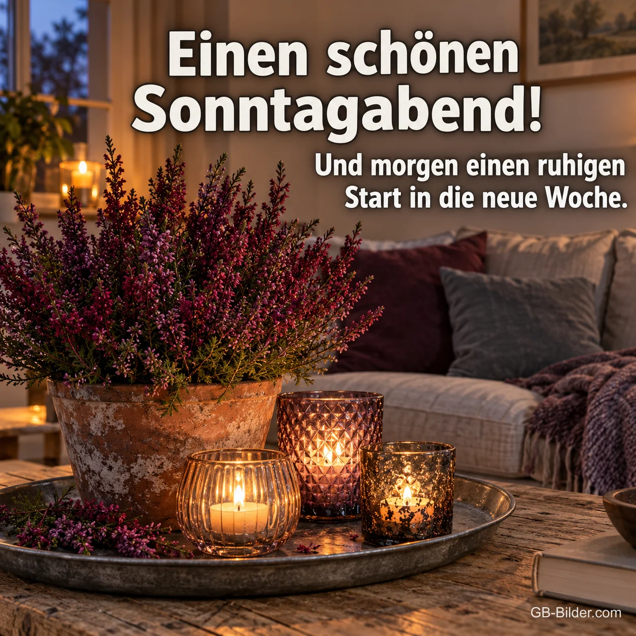 Heidekraut und Windlichter auf einem Tablett im Wohnzimmer, Text: Einen schönen Sonntagabend! – Und morgen einen ruhigen Start in die neue Woche.