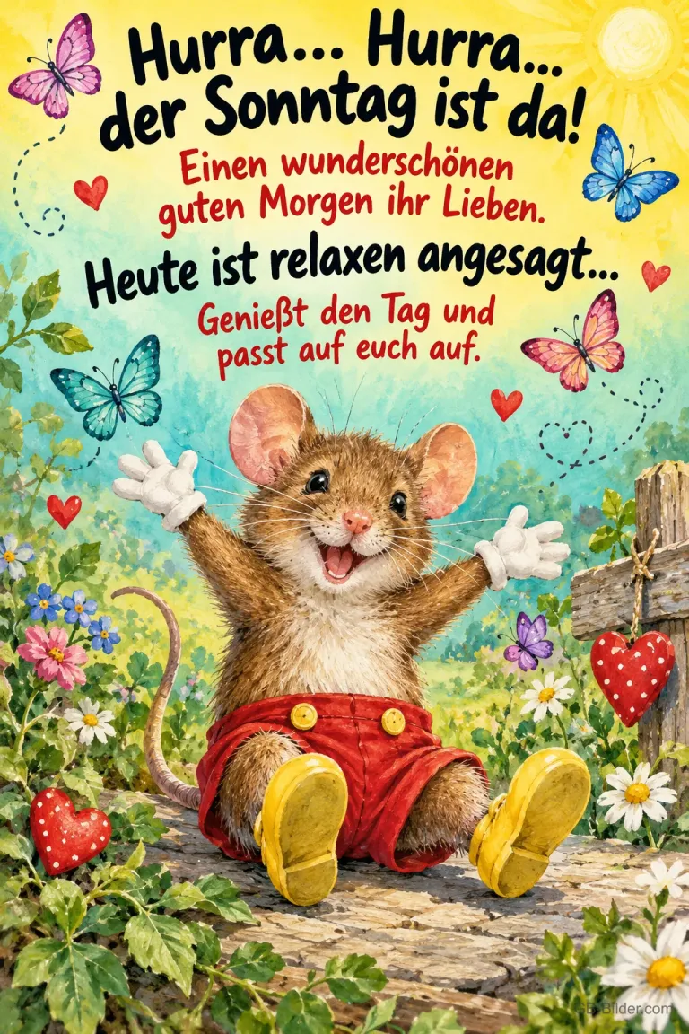 Maus mit roter Hose reckt fröhlich die Arme, Text: Hurra… Hurra… der Sonntag ist da! Einen wunderschönen guten Morgen ihr Lieben. Heute ist relaxen angesagt… Genießt den Tag und passt auf euch auf.