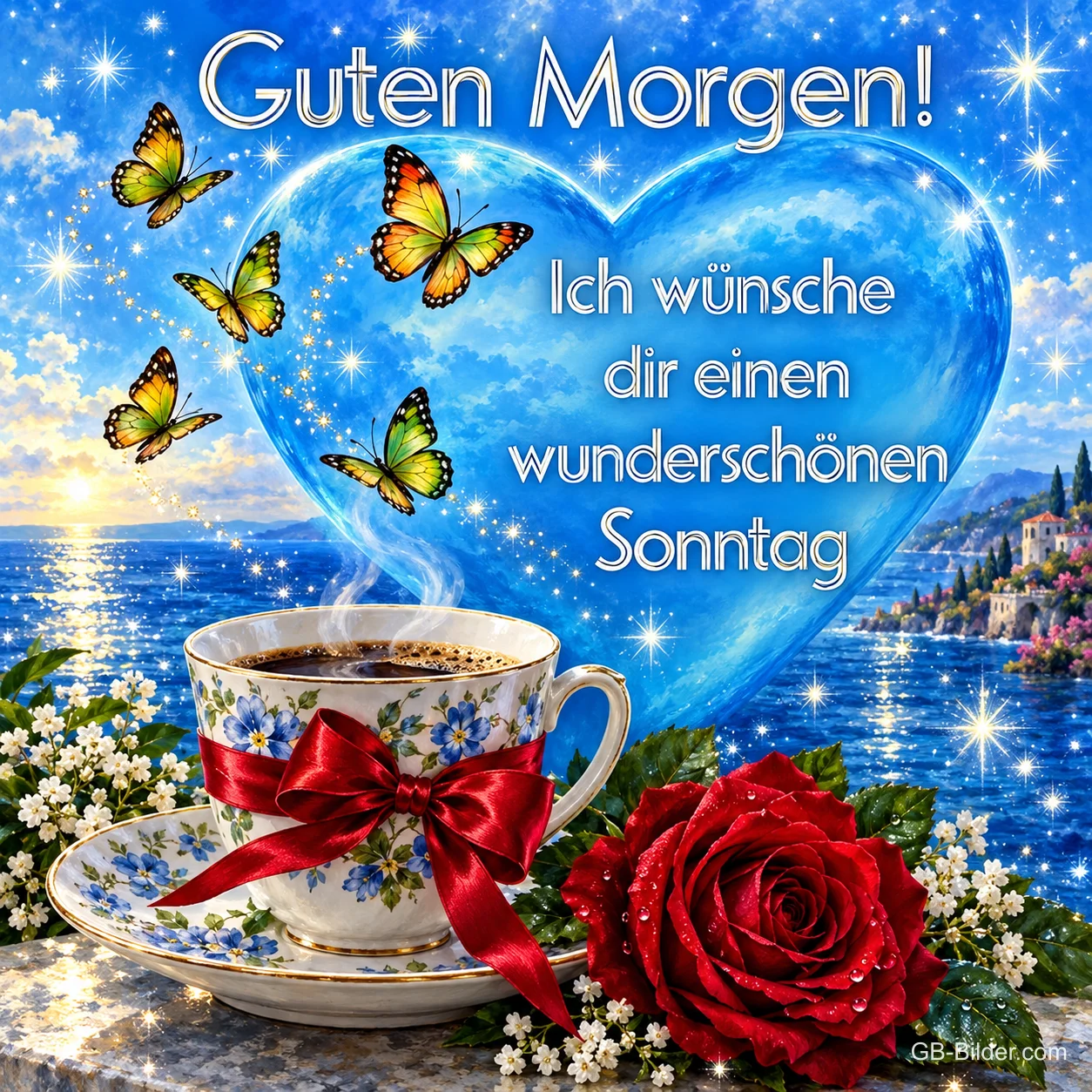 Kaffeetasse mit roter Schleife und Rose vor einem blauen Herz am Meer, Text: Guten Morgen! Ich wünsche dir einen wunderschönen Sonntag