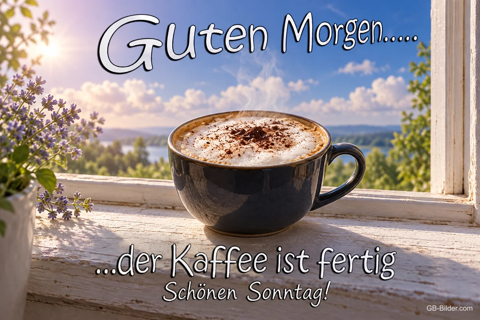 Tasse Cappuccino auf der Fensterbank mit Seeblick, Text: Guten Morgen… der Kaffee ist fertig. Schönen Sonntag! Tasse Cappuccino auf der Fensterbank mit Seeblick, Text: Guten Morgen… der Kaffee ist fertig. Schönen Sonntag!
