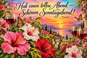 Hibiskusblüten und Rotweingläser vor dem Sonnenuntergang am Meer, Text: Hab einen tollen Abend – Schönen Sonntagabend!