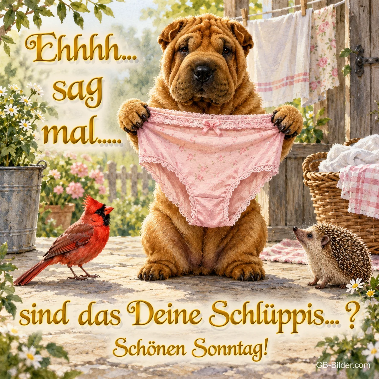 Shar-Pei hält eine rosa Unterhose vor der Wäscheleine, daneben Kardinal und Igel, Text: Ehhhh… sag mal… sind das Deine Schlüppis…? Schönen Sonntag!