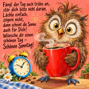 Zerzauste Eule mit großer roter Kaffeetasse neben klingelndem Wecker, Text: Fängt der Tag auch trübe an, stör dich bitte nicht daran. Lächle einfach, zögere nicht, dann scheint die Sonne auch für Dich! Wünsche dir einen schönen Tag – Schönen Sonntag!