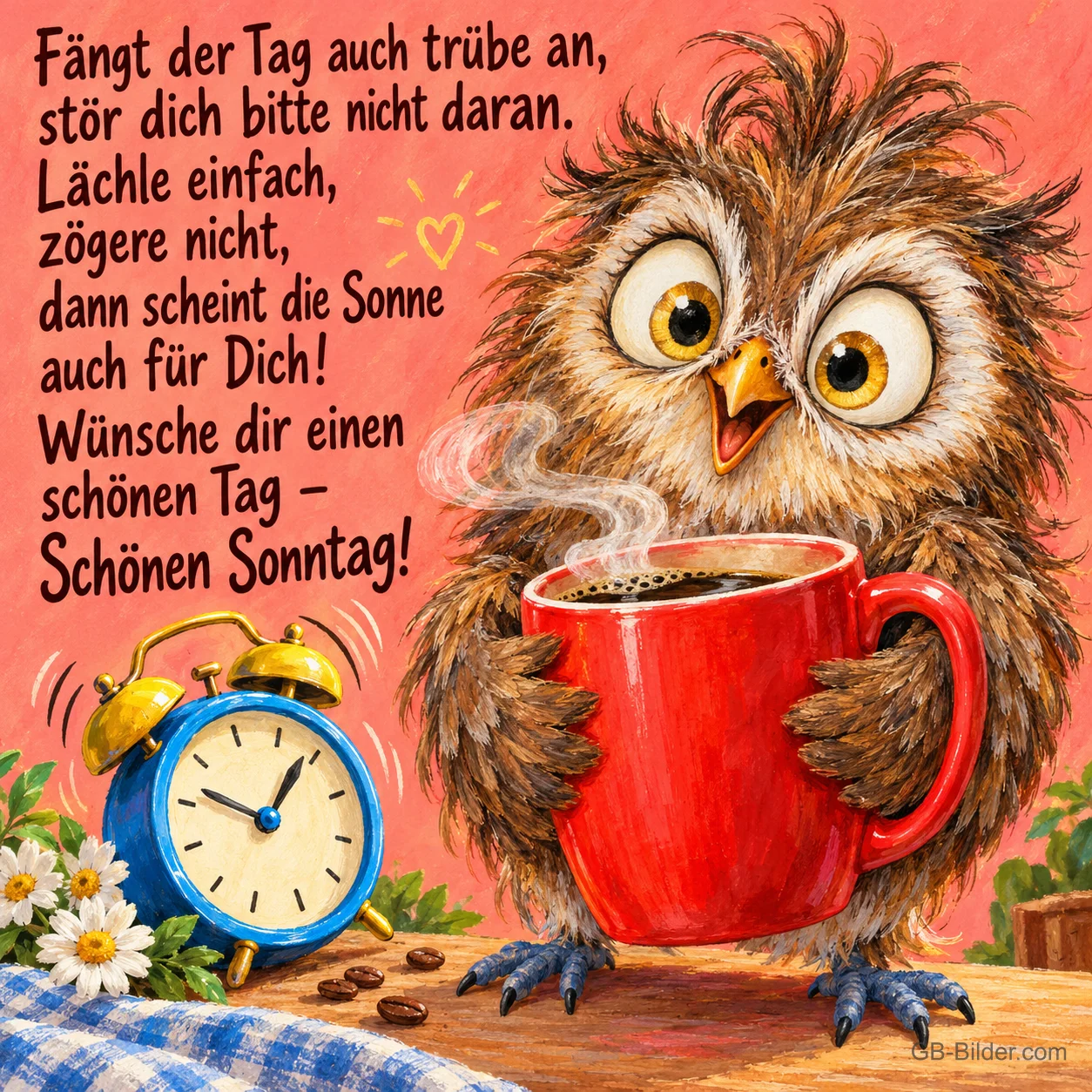 Zerzauste Eule mit großer roter Kaffeetasse neben klingelndem Wecker, Text: Fängt der Tag auch trübe an, stör dich bitte nicht daran. Lächle einfach, zögere nicht, dann scheint die Sonne auch für Dich! Wünsche dir einen schönen Tag – Schönen Sonntag!