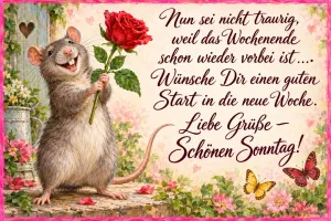 Lachende Ratte hält eine rote Rose zwischen Blumen, Text: Nun sei nicht traurig, weil das Wochenende schon wieder vorbei ist…. Wünsche Dir einen guten Start in die neue Woche. Liebe Grüße – Schönen Sonntag!