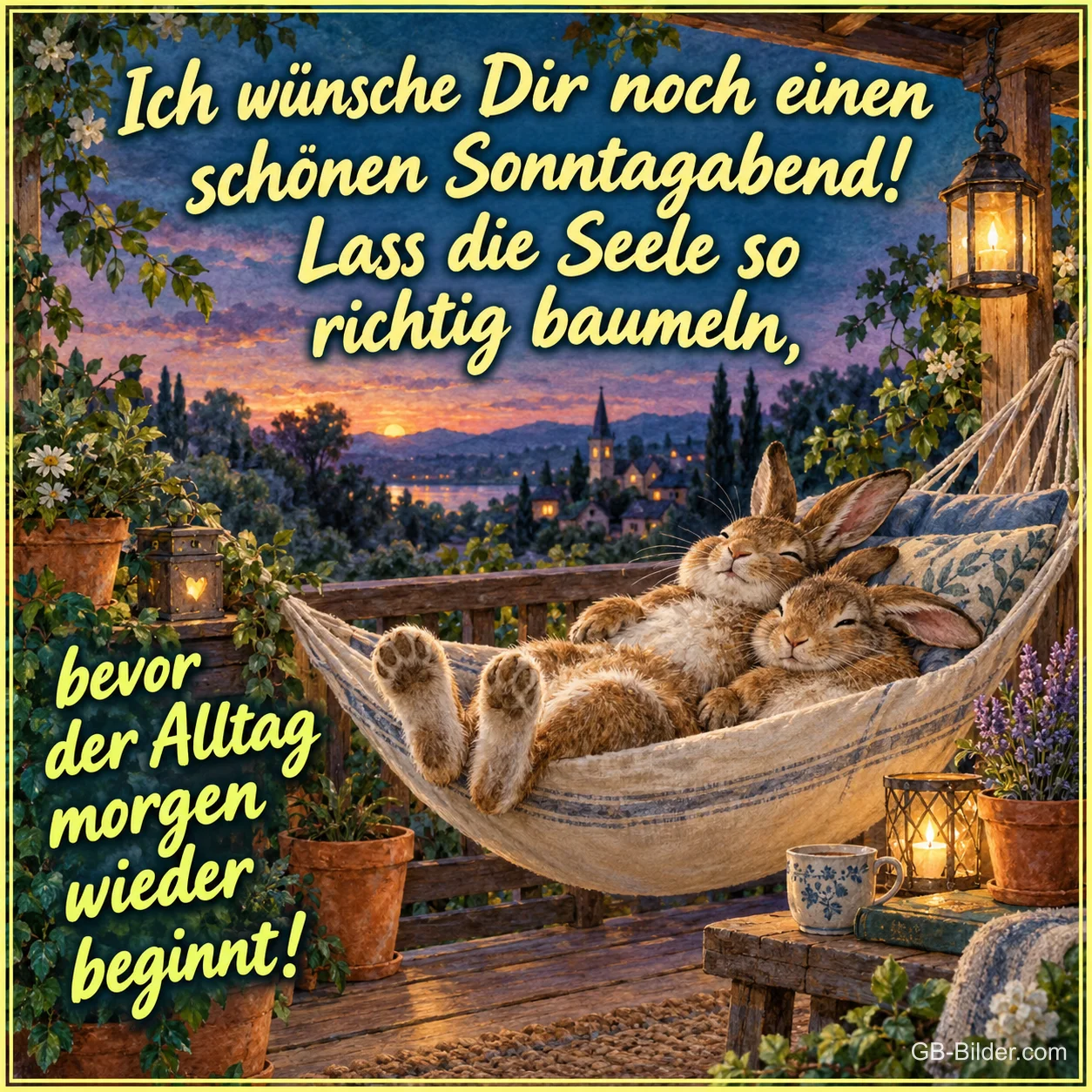 Zwei Hasen schlafen in einer Hängematte auf einer Terrasse, Text: Ich wünsche Dir noch einen schönen Sonntagabend! Lass die Seele so richtig baumeln, – bevor der Alltag morgen wieder beginnt!