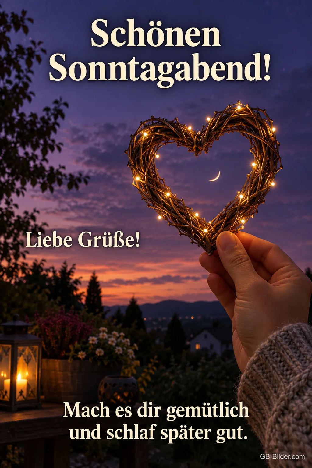 Hand hält ein Herz aus Lichterkette vor dem Abendhimmel, Text: Schönen Sonntagabend! – Liebe Grüße! Mach es dir gemütlich und schlaf später gut.