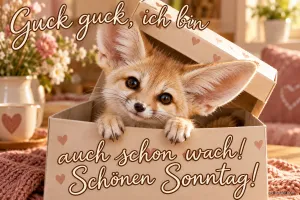 Fennek schaut aus einem Karton, Text: Guck guck, ich bin auch schon wach! Schönen Sonntag!
