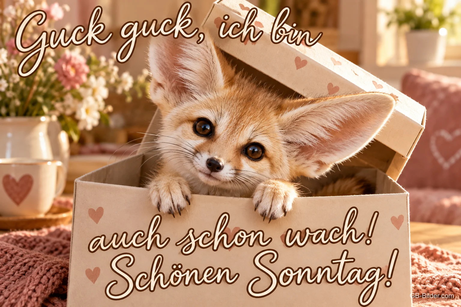 Fennek schaut aus einem Karton, Text: Guck guck, ich bin auch schon wach! Schönen Sonntag!