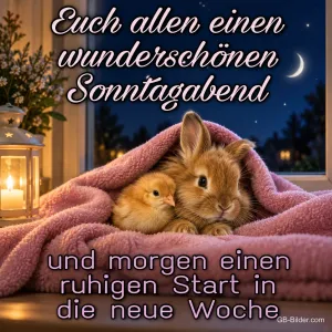 Hase und Küken unter der Decke, Text: Euch allen einen wunderschönen Sonntagabend und morgen einen ruhigen S