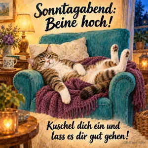 Getigerte Katze liegt mit Pfoten hoch im Sessel, Text: Sonntagabend: Beine hoch! – Kuschel dich ein und lass es dir gut gehen!