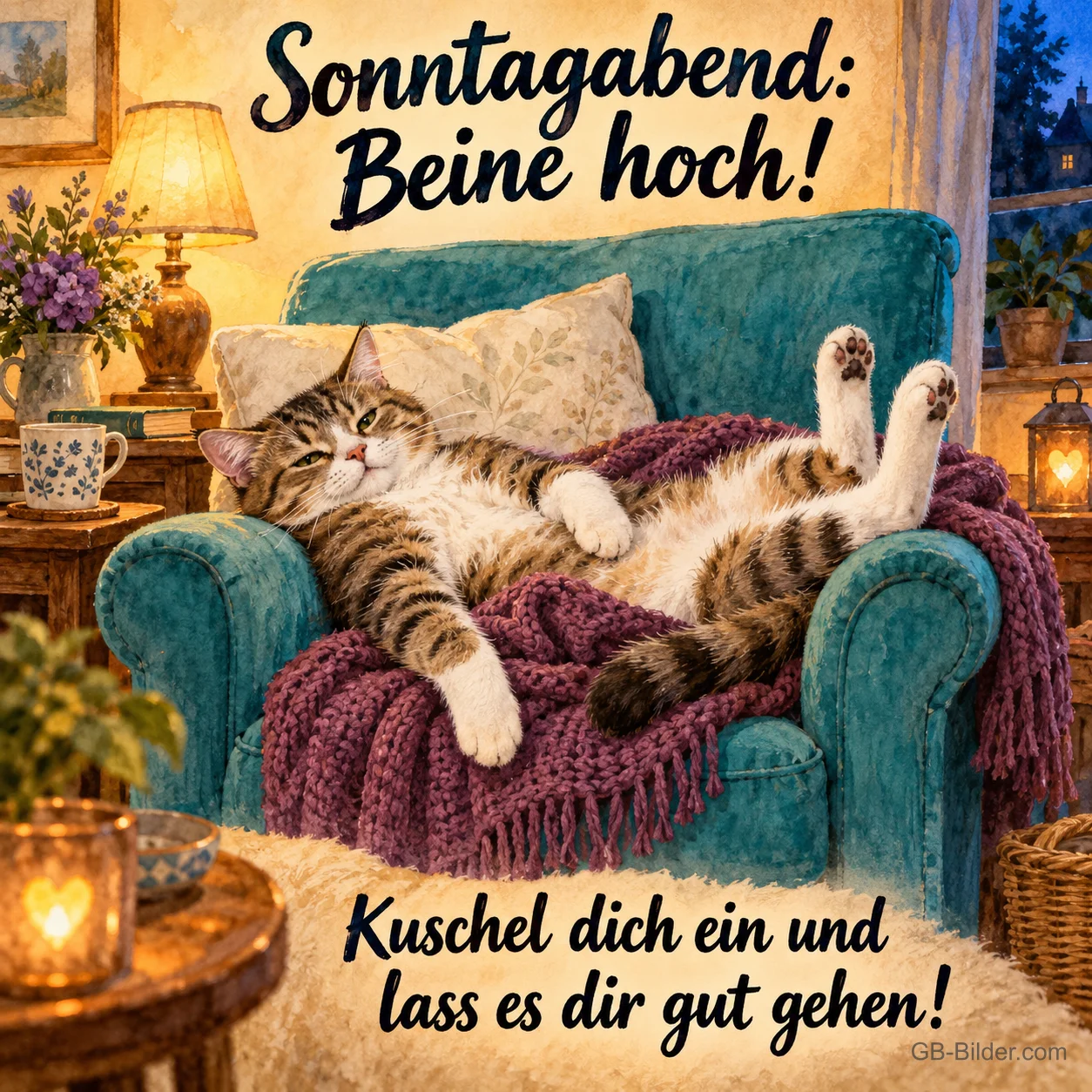 Getigerte Katze liegt mit Pfoten hoch im Sessel, Text: Sonntagabend: Beine hoch! – Kuschel dich ein und lass es dir gut gehen!