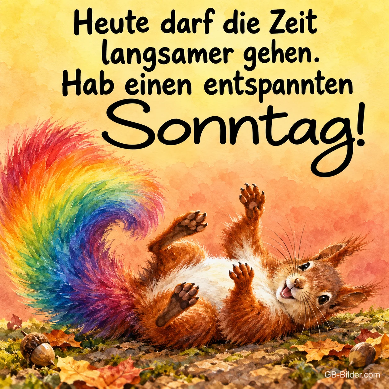 Eichhörnchen mit regenbogenbuntem Schwanz rollt sich lachend im Herbstlaub, Text: Heute darf die Zeit langsamer gehen. Hab einen entspannten Sonntag!