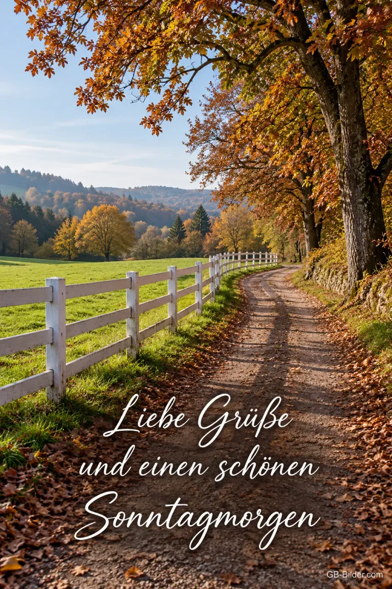 Herbstlicher Feldweg mit weißem Zaun und bunten Bäumen, Text: Liebe Grüße und einen schönen Sonntagmorgen