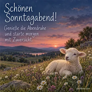 Lamm auf einer Blumenwiese bei Sonnenuntergang, Text: Schönen Sonntagabend! Genieße die Abendruhe und starte morgen mit Zuversicht.