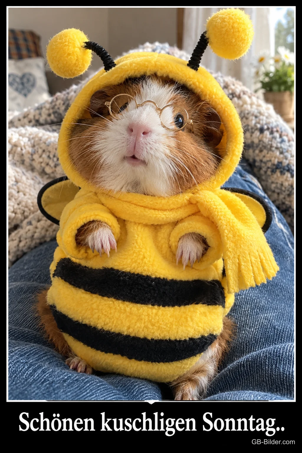 Meerschweinchen mit Brille im gelben Bienenkostüm, Text: Schönen kuschligen Sonntag..
