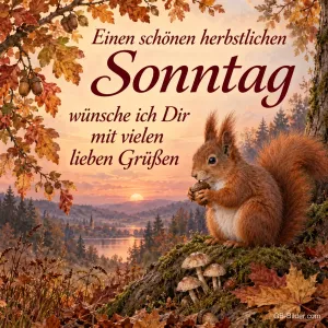 Eichhörnchen mit Nuss zwischen Pilzen und Herbstlaub, Text: Einen schönen herbstlichen Sonntag wünsche ich Dir mit vielen lieben Grüßen
