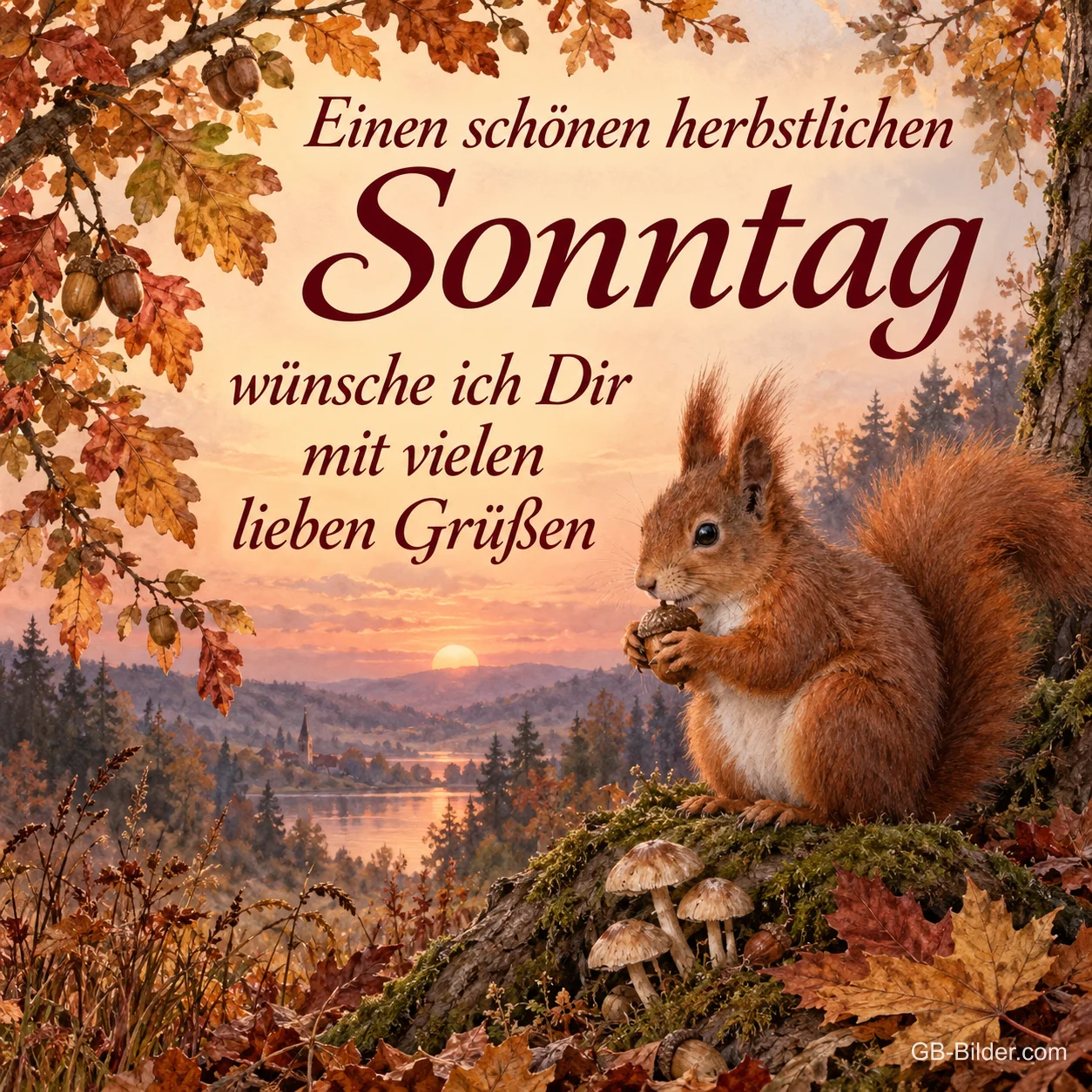 Eichhörnchen mit Nuss zwischen Pilzen und Herbstlaub, Text: Einen schönen herbstlichen Sonntag wünsche ich Dir mit vielen lieben Grüßen