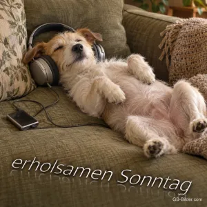 Hund mit Kopfhörern auf dem Sofa, Text: erholsamen Sonntag