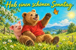 Bär im roten Shirt und Schweinchen sitzen auf einer Blumenwiese, Text: Hab einen schönen Sonntag