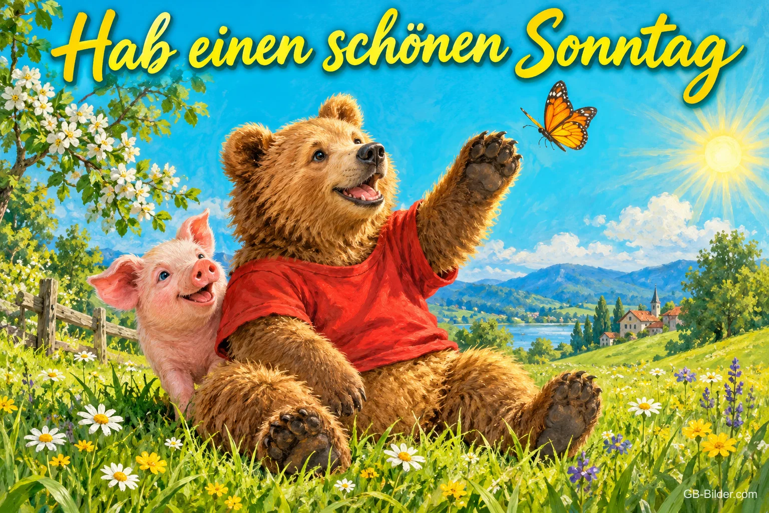 Bär im roten Shirt und Schweinchen sitzen auf einer Blumenwiese, Text: Hab einen schönen Sonntag
