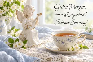 Porzellanengel mit Laute neben einer Teetasse und weißen Blüten, Text: Guten Morgen, mein Engelchen! Schönen Sonntag!