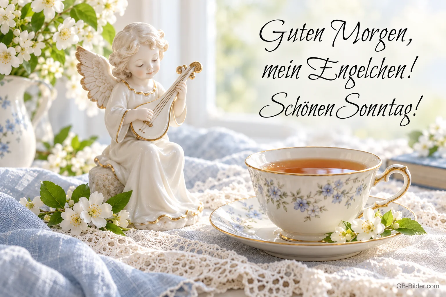 Porzellanengel mit Laute neben einer Teetasse und weißen Blüten, Text: Guten Morgen, mein Engelchen! Schönen Sonntag!