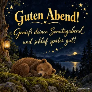 Bärenjunges schläft auf Moos am nächtlichen See, Text: Guten Abend! – Genieß deinen Sonntagabend und schlaf später gut!