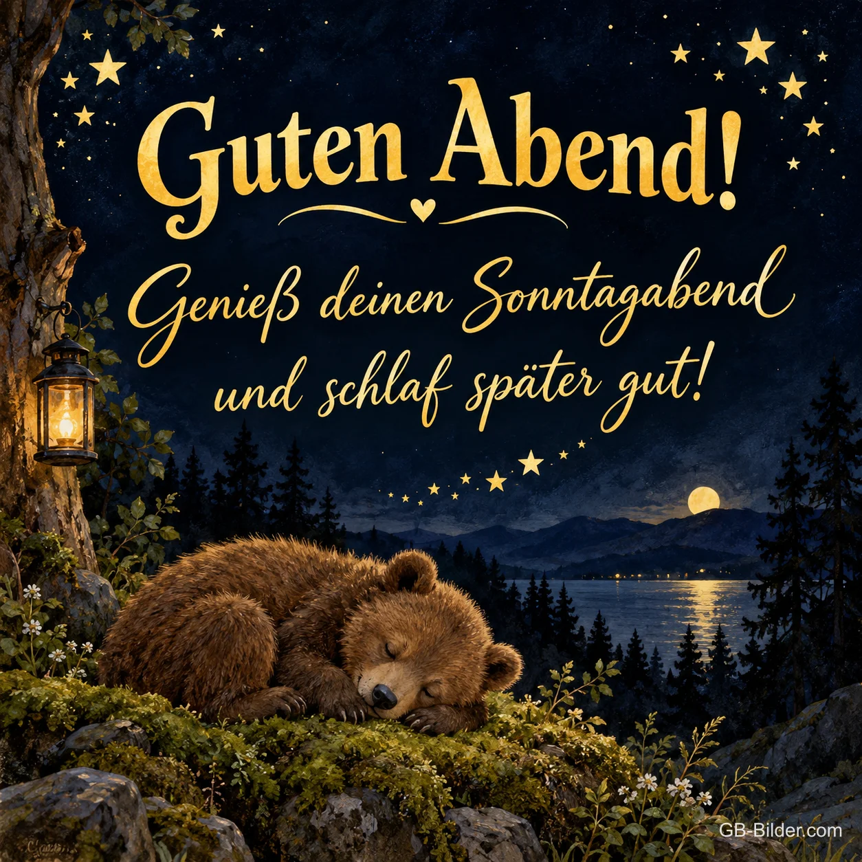 Bärenjunges schläft auf Moos am nächtlichen See, Text: Guten Abend! – Genieß deinen Sonntagabend und schlaf später gut!
