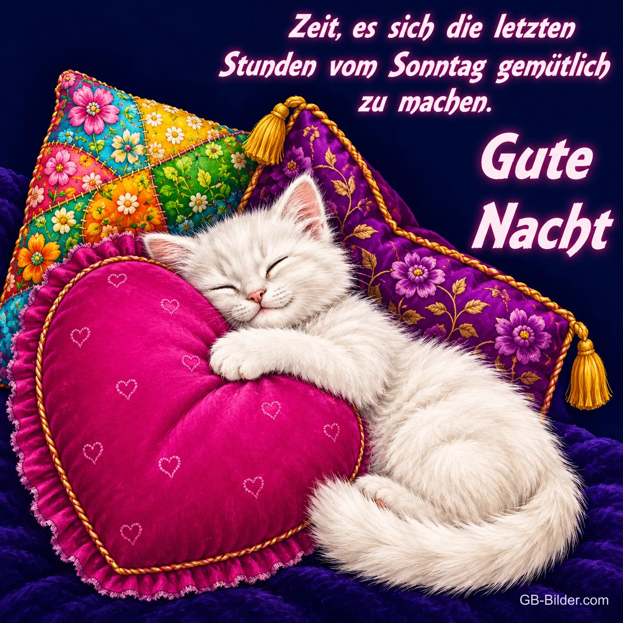 Weißes Kätzchen schläft auf einem pinken Herzkissen, Text: Zeit, es sich die letzten Stunden vom Sonntag gemütlich zu machen. Gute Nacht