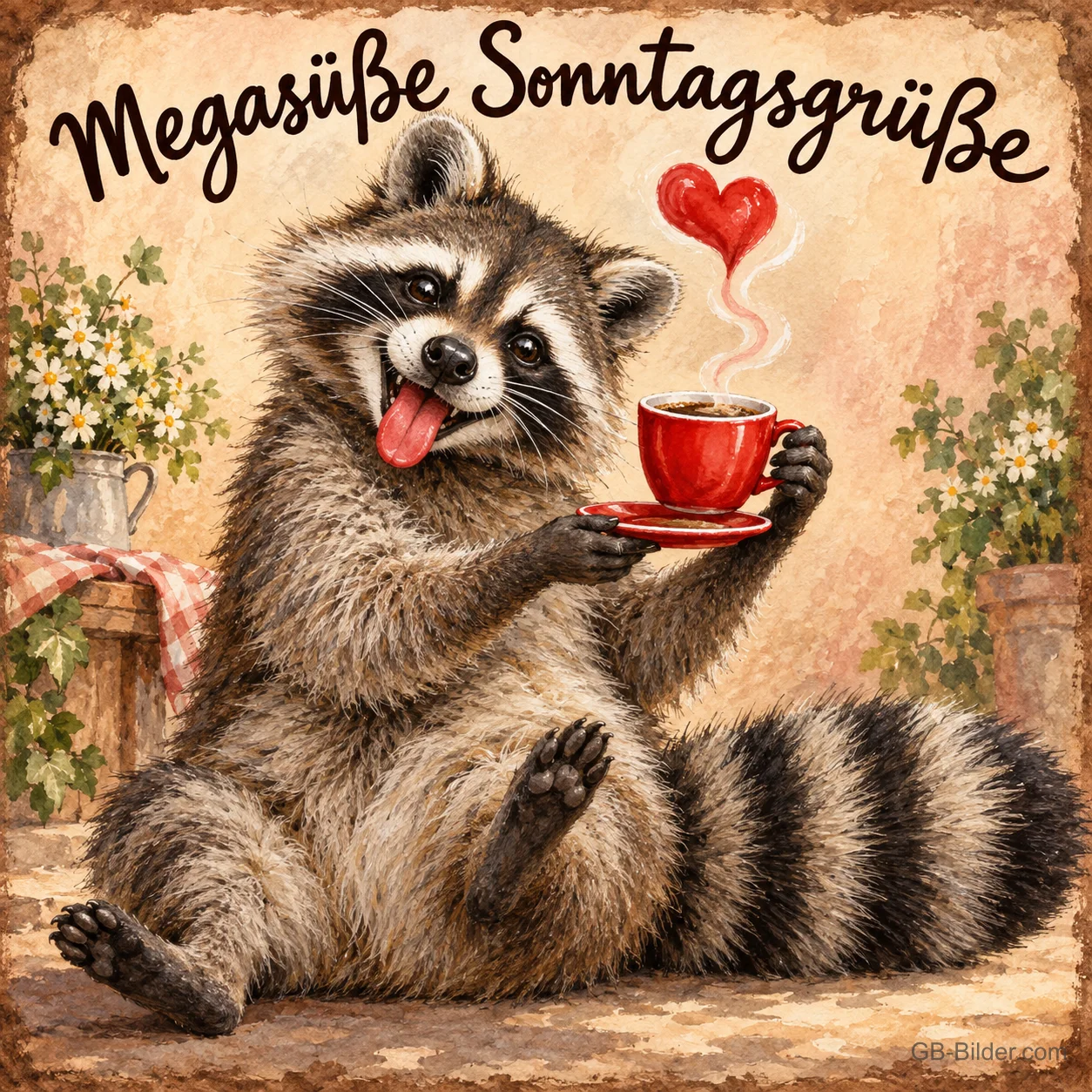 Waschbär hält lachend eine Kaffeetasse mit Herzdampf, Text: Megasüße Sonntagsgrüße