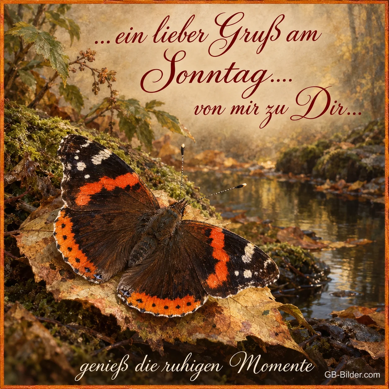 Admiral-Schmetterling auf Herbstlaub am Bach, Text: …ein lieber Gruß am Sonntag…. von mir zu Dir… genieß die ruhigen Momente