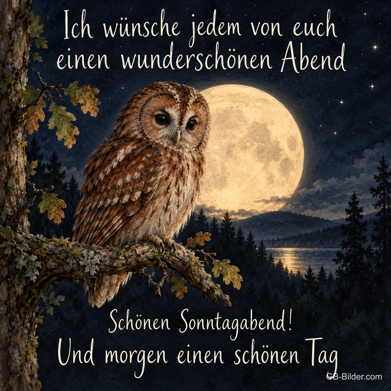 Waldkauz auf einem Ast vor dem Vollmond, Text: Ich wünsche jedem von euch einen wunderschönen Abend – Schönen Sonntagabend! Und morgen einen schönen Tag