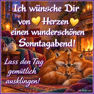Fuchsfamilie kuschelt auf einer Decke vor dem Kaminfeuer, Text: Ich wünsche Dir von Herzen einen wunderschönen Sonntagabend! – Lass den Tag gemütlich ausklingen!