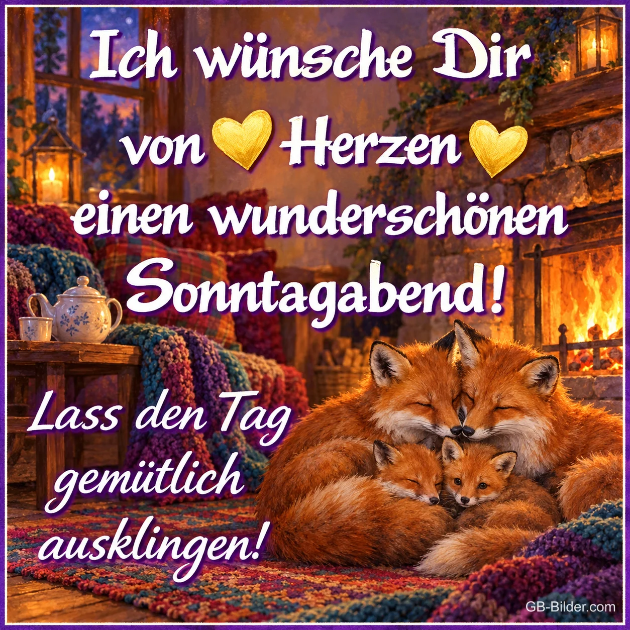Fuchsfamilie kuschelt auf einer Decke vor dem Kaminfeuer, Text: Ich wünsche Dir von Herzen einen wunderschönen Sonntagabend! – Lass den Tag gemütlich ausklingen!