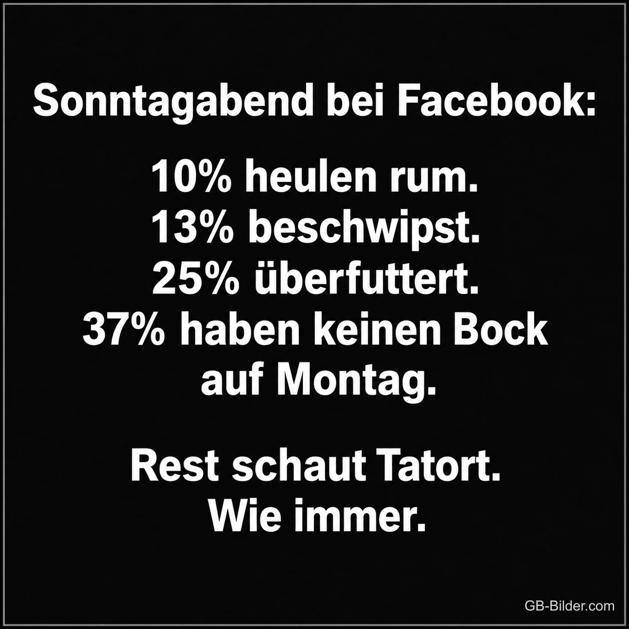 Weißer Spruch auf schwarzem Hintergrund, Text: Sonntagabend bei Facebook: 10% heulen rum. 13% beschwipst. 25% überfuttert. 37% haben keinen Bock auf Montag. Rest schaut Tatort. Wie immer.