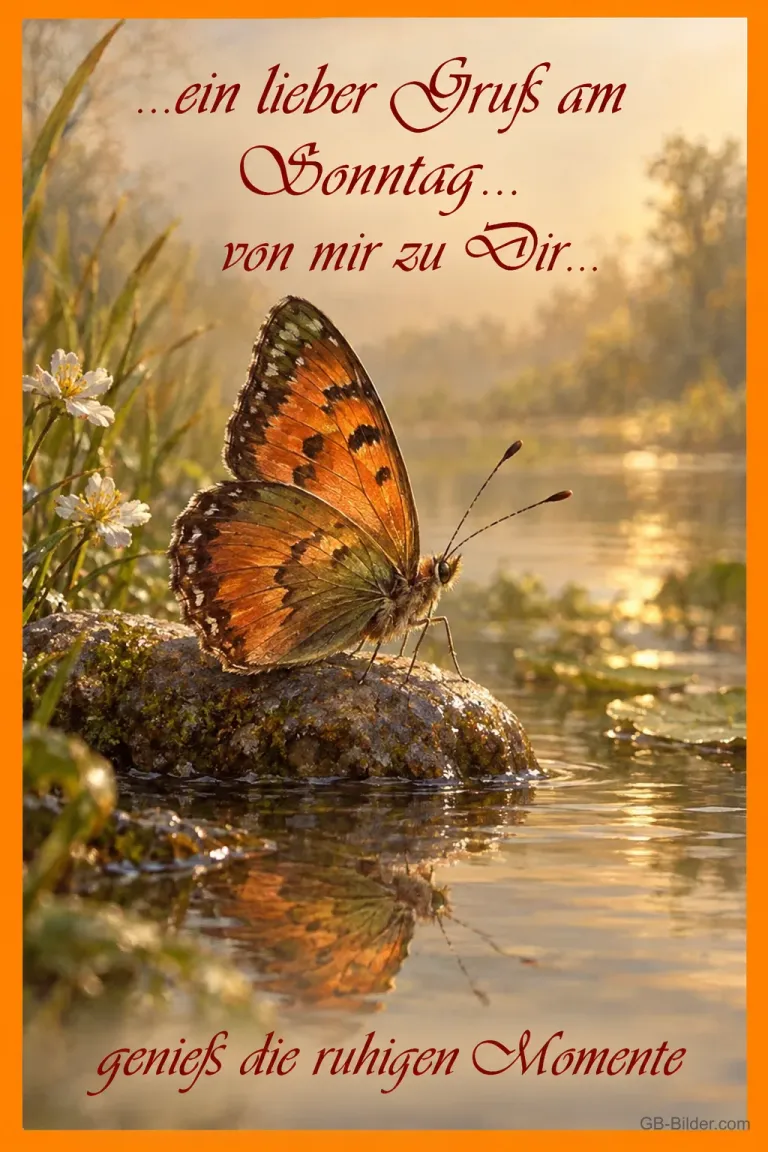 Orangefarbener Schmetterling auf einem Stein am Wasser, Text: …ein lieber Gruß am Sonntag… von mir zu Dir… genieß die ruhigen Momente