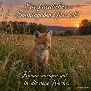 Junger Fuchs im hohen Gras bei Sonnenuntergang, Text: Ein friedlicher Sonntagabend für dich! Komm morgen gut in die neue Woche.