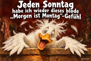 Zerzauste weiße Ente mit Spiralaugen lehnt über einem Holztisch, Text: Jeden Sonntag habe ich wieder dieses blöde „Morgen ist Montag“-Gefühl